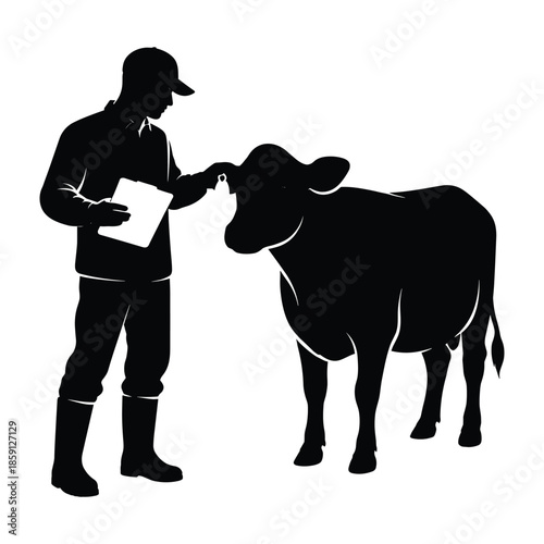 Farmer inspecting cow silhouette vector