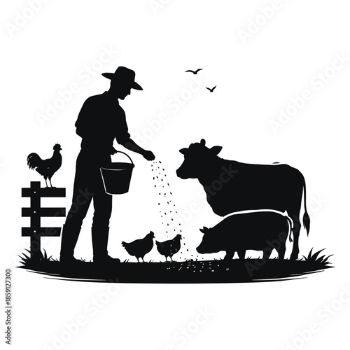 Farmer feeding animals on farm silhouette