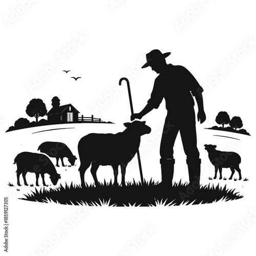 Shepherd tending sheep in rural silhouette