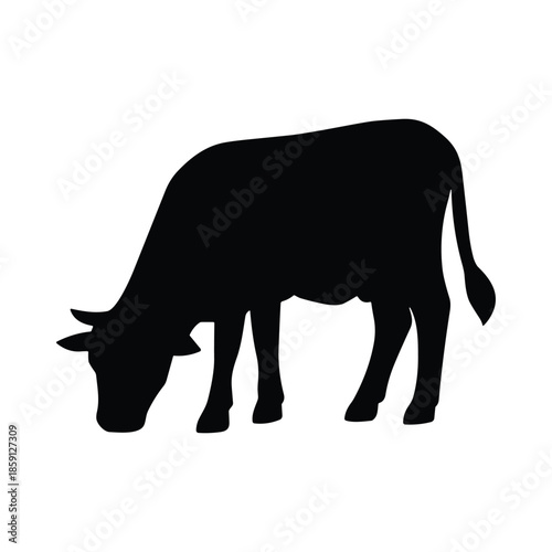 Silhouette of Grazing Cow Flat Vector Illustration