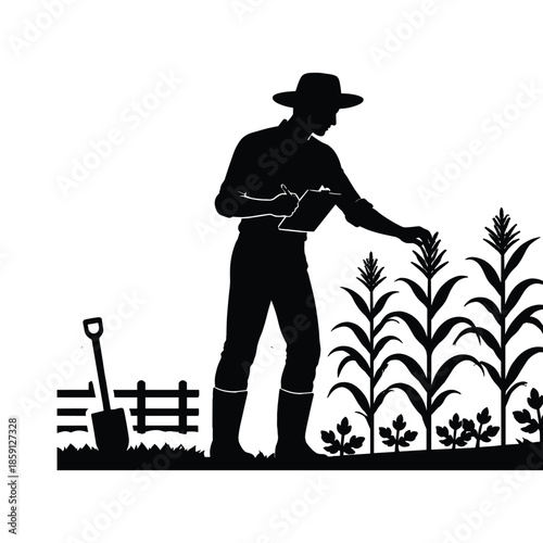 Farmer inspecting crops silhouette illustration