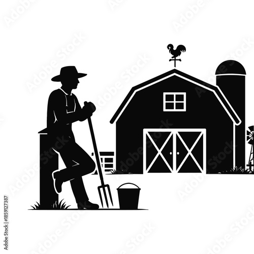 Farmer resting with pitchfork near barn silhouette