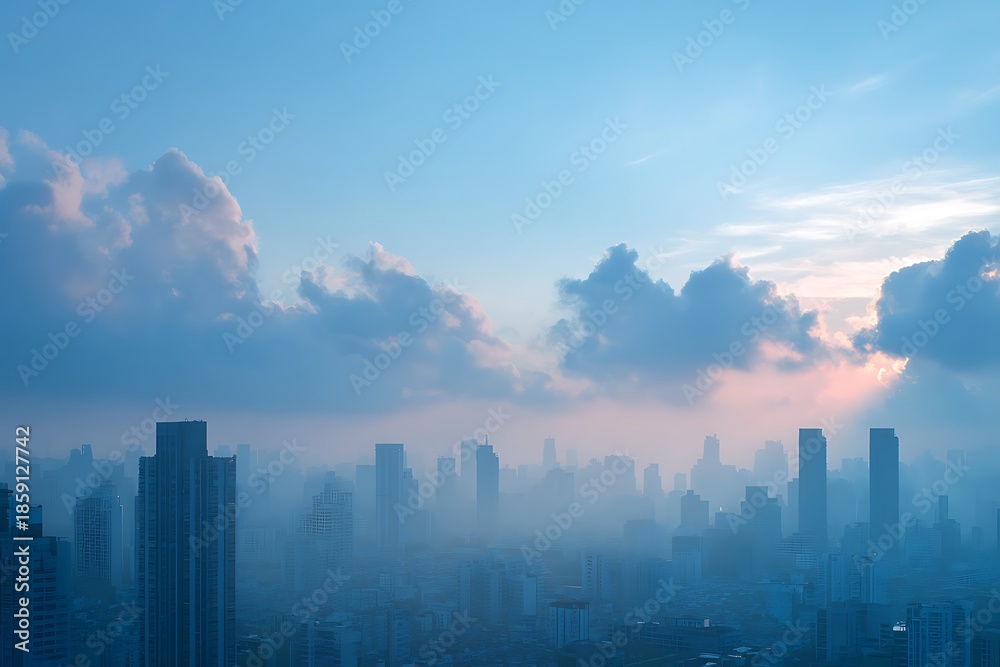 Fototapeta premium City skyline buildings emerging through morning smog