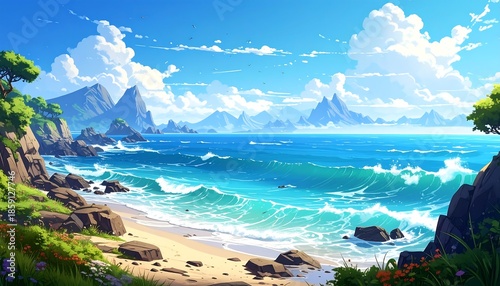 Animated coastal view showcasing the ocean waves crashing onto a sandy beach, with mountains and fluffy clouds