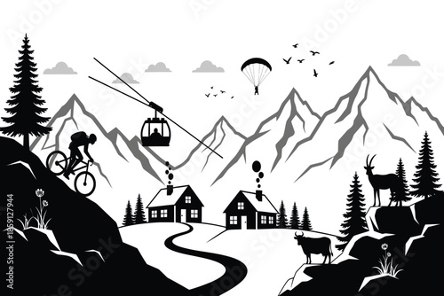 a scenic landscape featuring a cable car mountain biker paraglider and wildlife in a minimalist black and white style