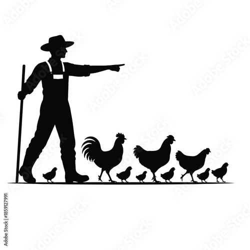 Farmer with chicken flock silhouette vector