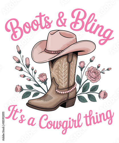 Cowgirl Boots Hat Flowers Western Bling Illustration T-shirt Design