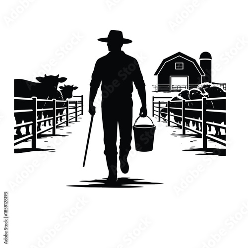 Farmer walking with bucket on ranch silhouette