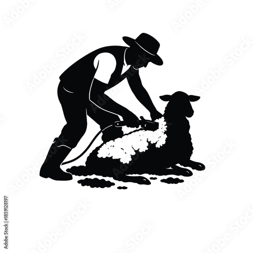 Farmer shearing sheep black silhouette
