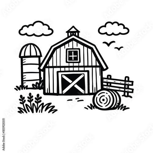 Farm Barn and Silo Line Art Drawing