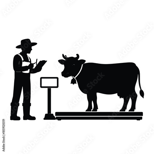 Farmer Weighing Cow on Farm Scale Silhouette
