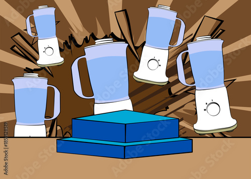 Comic Book Product podium stage for mockup presentation with Food Blender. Retro comics background.