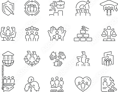 Collection of human rights line icons representing equality and justice.