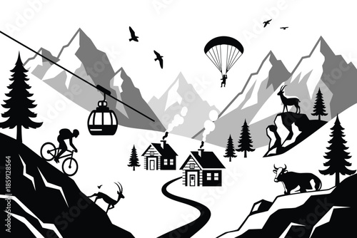 A stylized illustration depicts a mountain landscape with a cable car paraglider cyclist and small village scene high quality