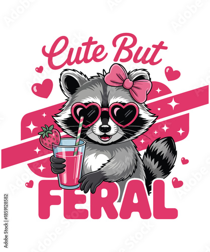 Cute Feral Raccoon Strawberry Drink Illustration T-shirt Design