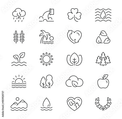 Collection of nature and environment line icons representing ecological concepts.