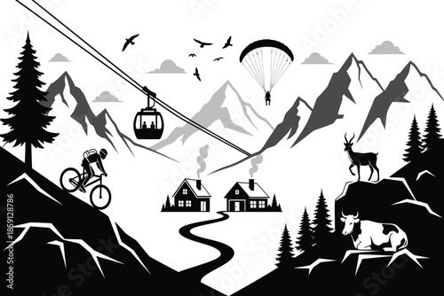 A picturesque black and white illustration depicts a mountain landscape featuring diverse outdoor activities and wildlife showcasing a serene scene