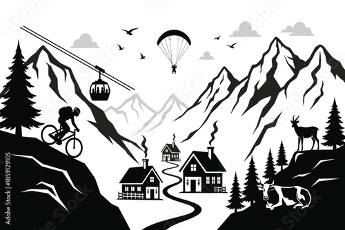a scenic illustration depicts a mountain landscape with a paraglider ski lift cyclist and village below high quality professional