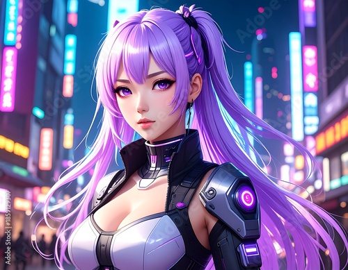 Anime girl with vibrant purple hair in a futuristic city