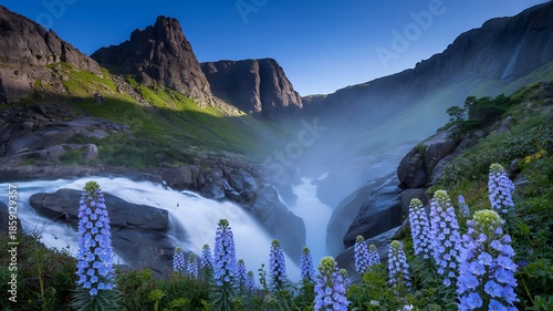 Mountain Waterfall with Purple Lupine Flowers in Green Valley Landscape
