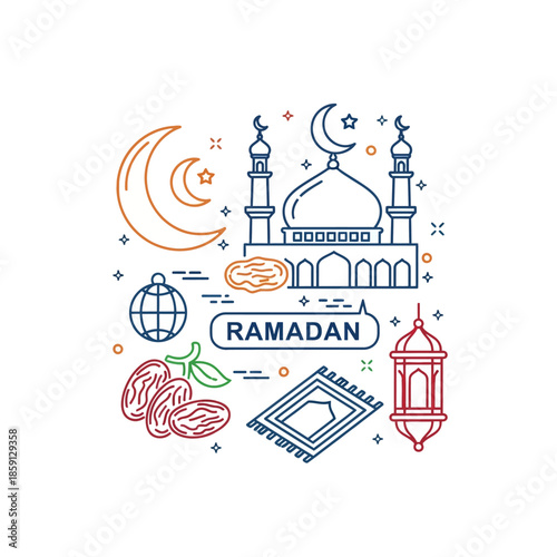 Ramadan Kareem Icons: Mosque, Dates, Prayer Mat, Lantern, Crescent Moon