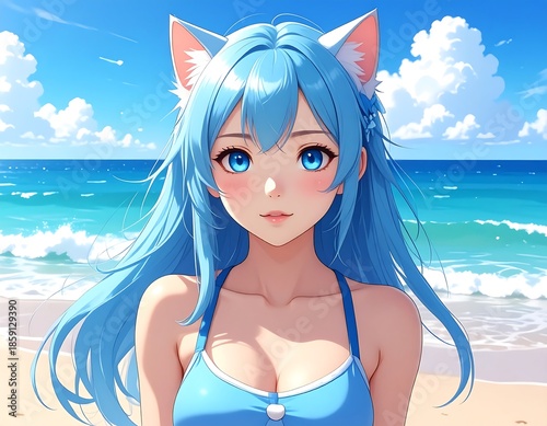 Anime-style portrait of a girl with blue hair, cat ears, and blue eyes at the beach. She wears a blue swimsuit with a floral accessory