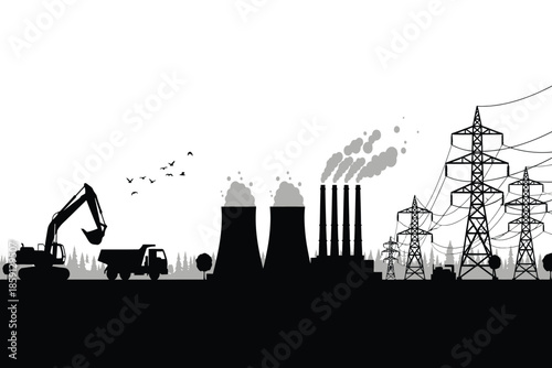 A stark black and white illustration depicts industrial activity with power lines smoke stacks and construction equipment against a plain background