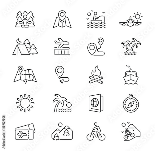 Collection of travel and adventure outline icons for various activities.