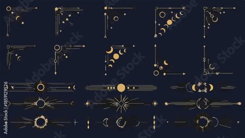 Esoteric Gold Celestial Corners and Dividers Vector Set for Astrology and Luxury Design isolated PNG with Transparent Background
