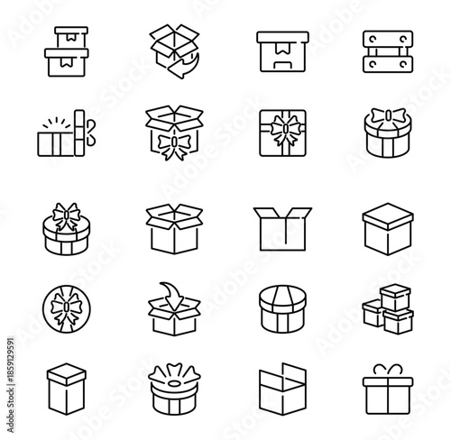Collection of various box icons illustrating packaging and delivery concepts.