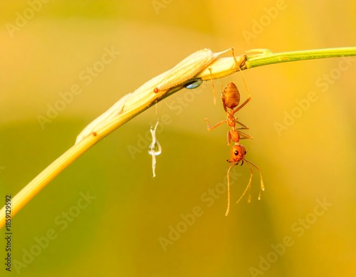 Ant on blade of grass, dewdrop