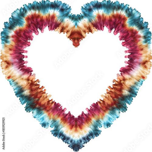 Colorful Tie Dye Heart Shape Frame with Vibrant Texture on Grey Background