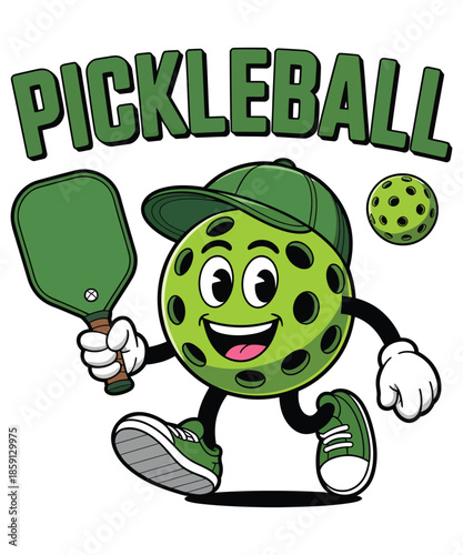 Funny Pickleball Character Playing With Paddle and Ball Cartoon
