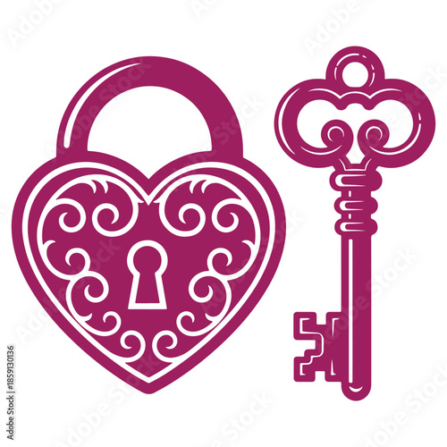 Heartshaped padlock and key illustration for love and security themes decorative design