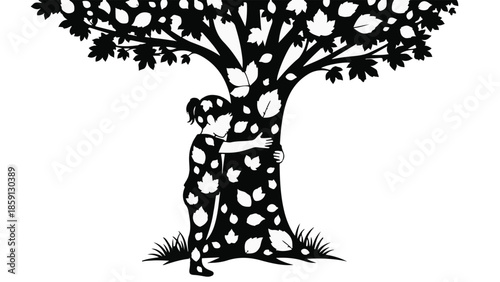 Child's silhouette hugging a tree covered in autumn leaves, symbolizing nature connection.