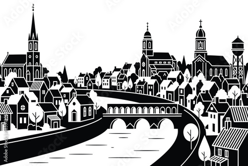a detailed black and white illustration showcases a picturesque european cityscape complete with towering spires bridges and charming buildings along a river