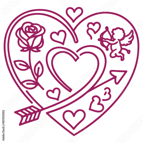 Illustrative Valentines Day Heart with Rose Cupid and Arrow Design  Romantic Symbol for Love and Affection