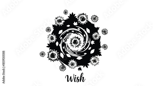 Whimsical black and white spiral design with delicate floral elements and the word 'wish'