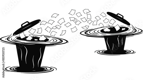 Discarding unwanted documents and information into overflowing trash cans