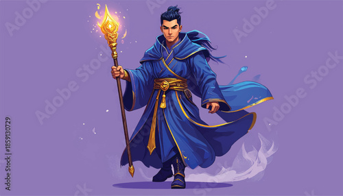 Mystical Mage with Flaming Staff - A Fantasy Character Illustration.