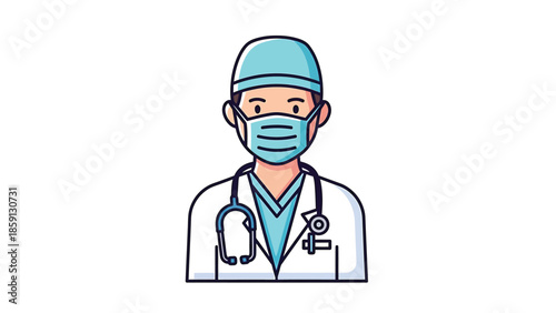Medical professional in uniform with stethoscope and face mask, ready to help patients.