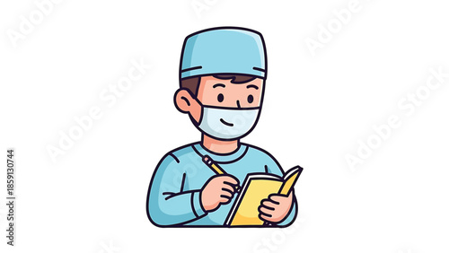 Medical professional taking notes in a notebook, wearing a mask and cap.