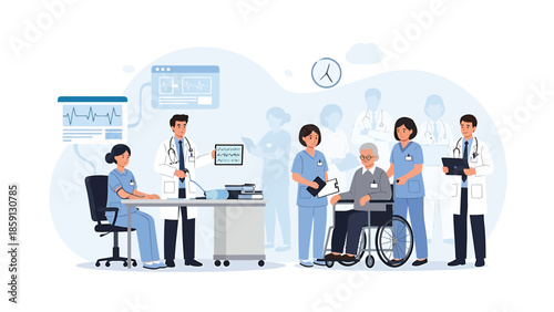 Medical professionals assisting elderly patient in a wheelchair within a hospital setting.