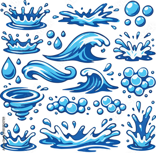 Dynamic Water Splash Vector Effect Set. Blue liquid drops, crown splashes, and waves isolated on white for freshness design