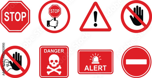Warning & Prohibition Sign Set – Red & White Safety Icons with STOP, DANGER & ALERT Symbols
