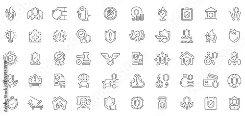 Comprehensive Set of Outline Icons Representing Various Aspects of Protection and Security.
