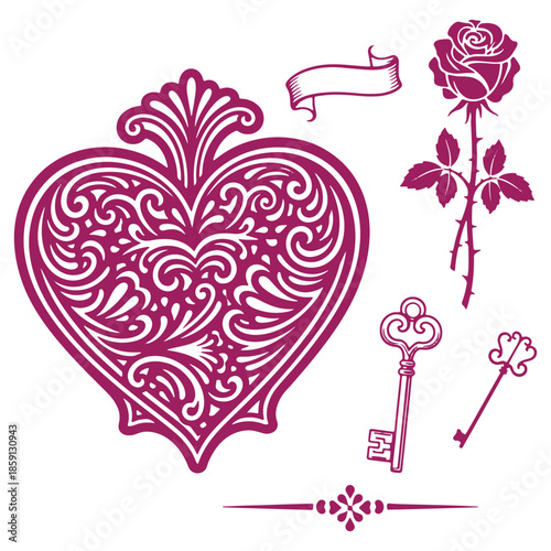 Intricate Heart Design with Rose and Keys Symbolizing Love and Affection Perfect for Valentines Day Cards