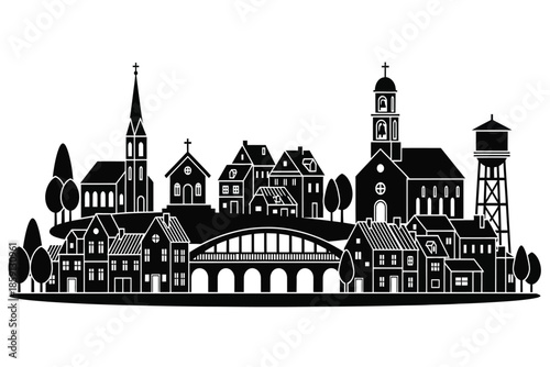 a detailed black and white skyline illustration depicts a historic european city with prominent architectural landmarks and bridges
