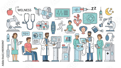 Medical professionals and equipment illustrating healthcare and wellness concepts.