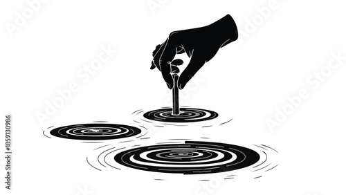 Silhouette hand creating ripples on dark water surface with a slender object
